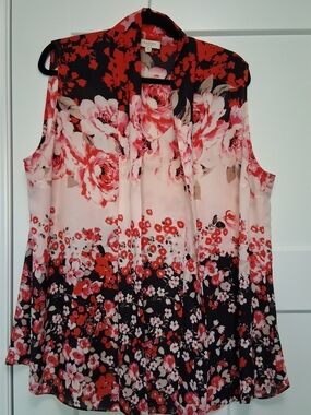 Size 16 Laura Sleeveless Floral Bow Tie Roses Blouse in Red and Pink Plus Size